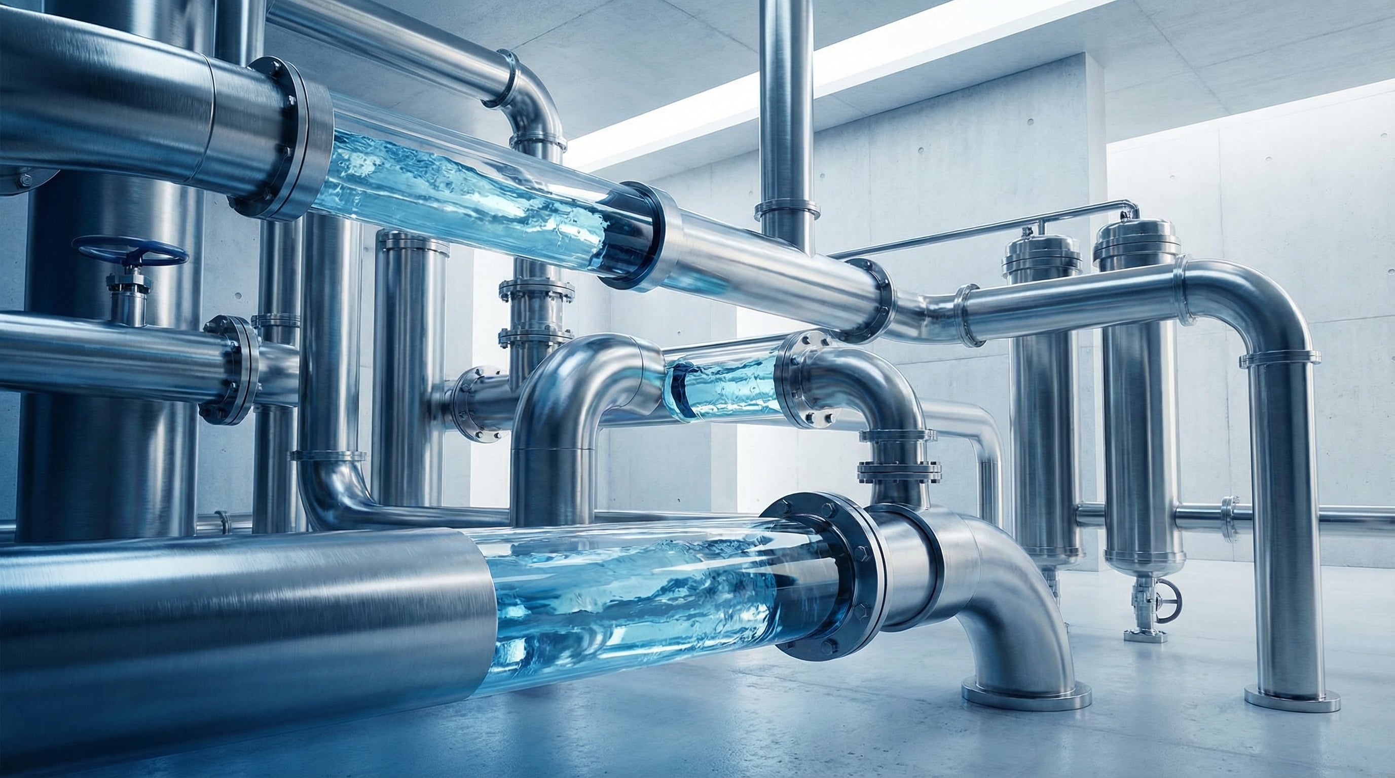 Clean water flowing through industrial pipes